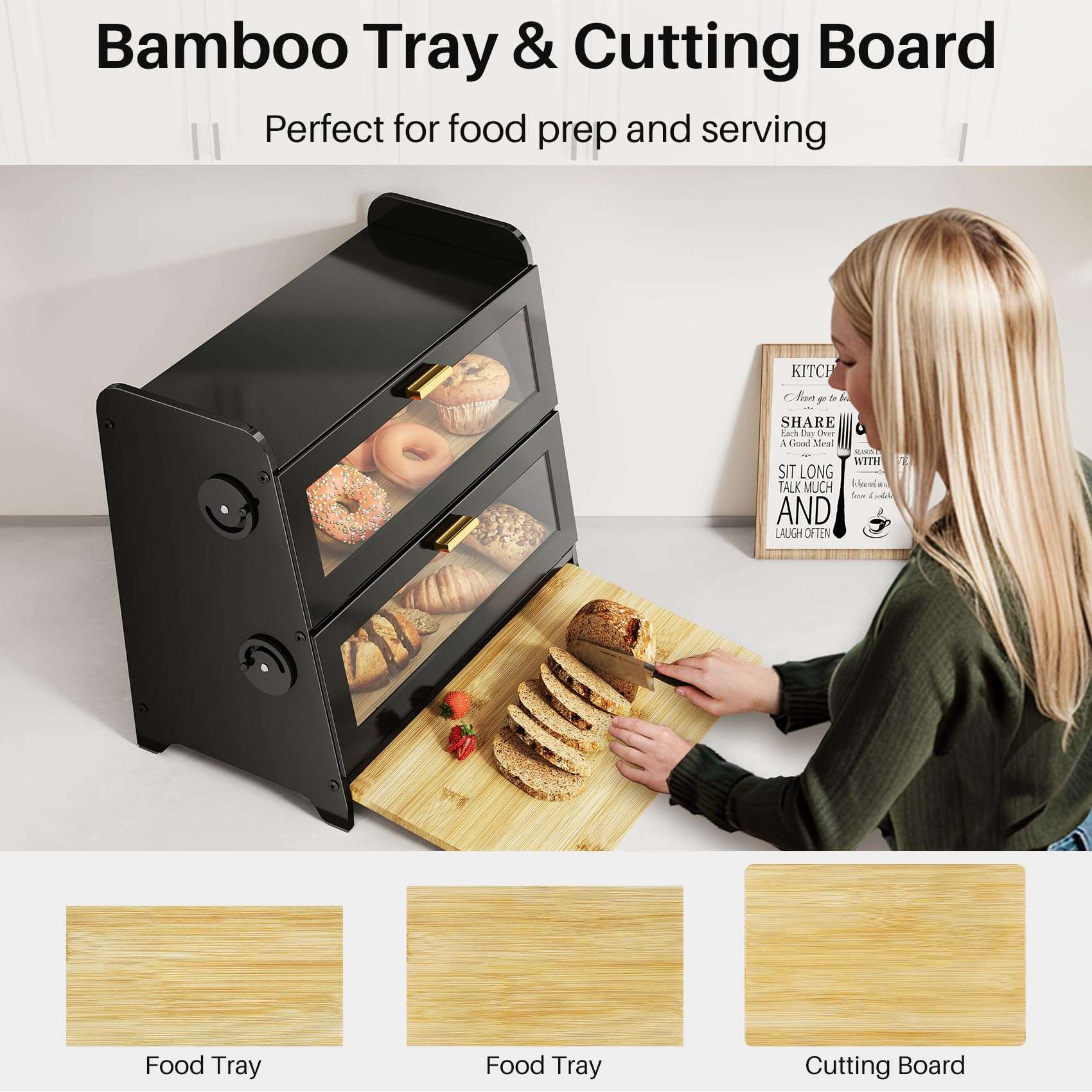 SNTD Bread Box - Kitchen Countertop Bread Storage Container with Bamboo Cutting Board, Adjustable Vent Hole Dials (Black) - Image 4