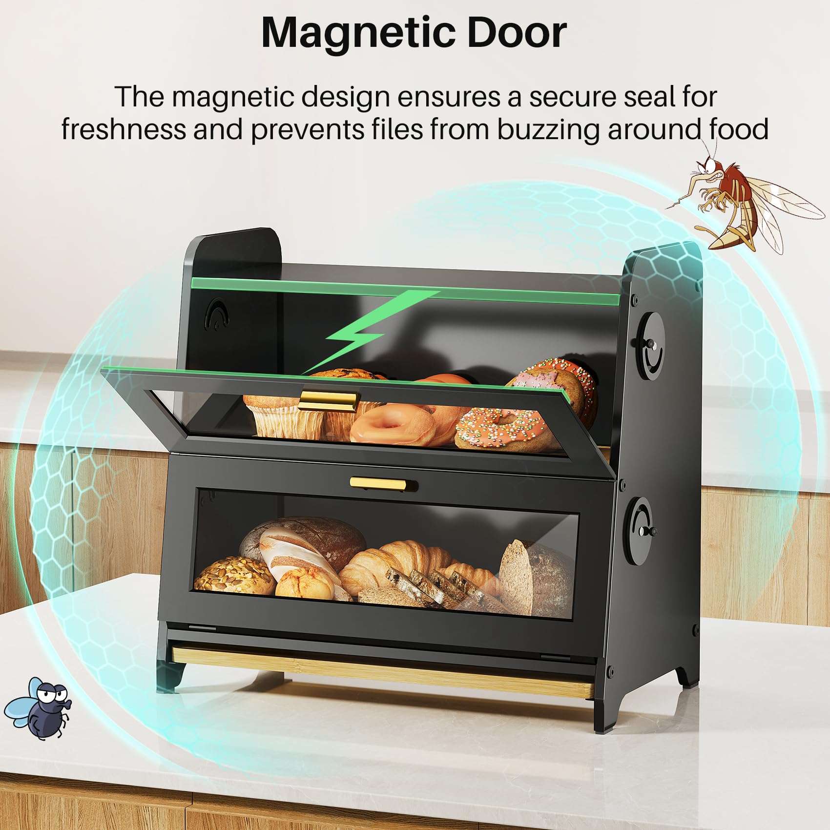 SNTD Bread Box - Kitchen Countertop Bread Storage Container with Bamboo Cutting Board, Adjustable Vent Hole Dials (Black) - Image 5