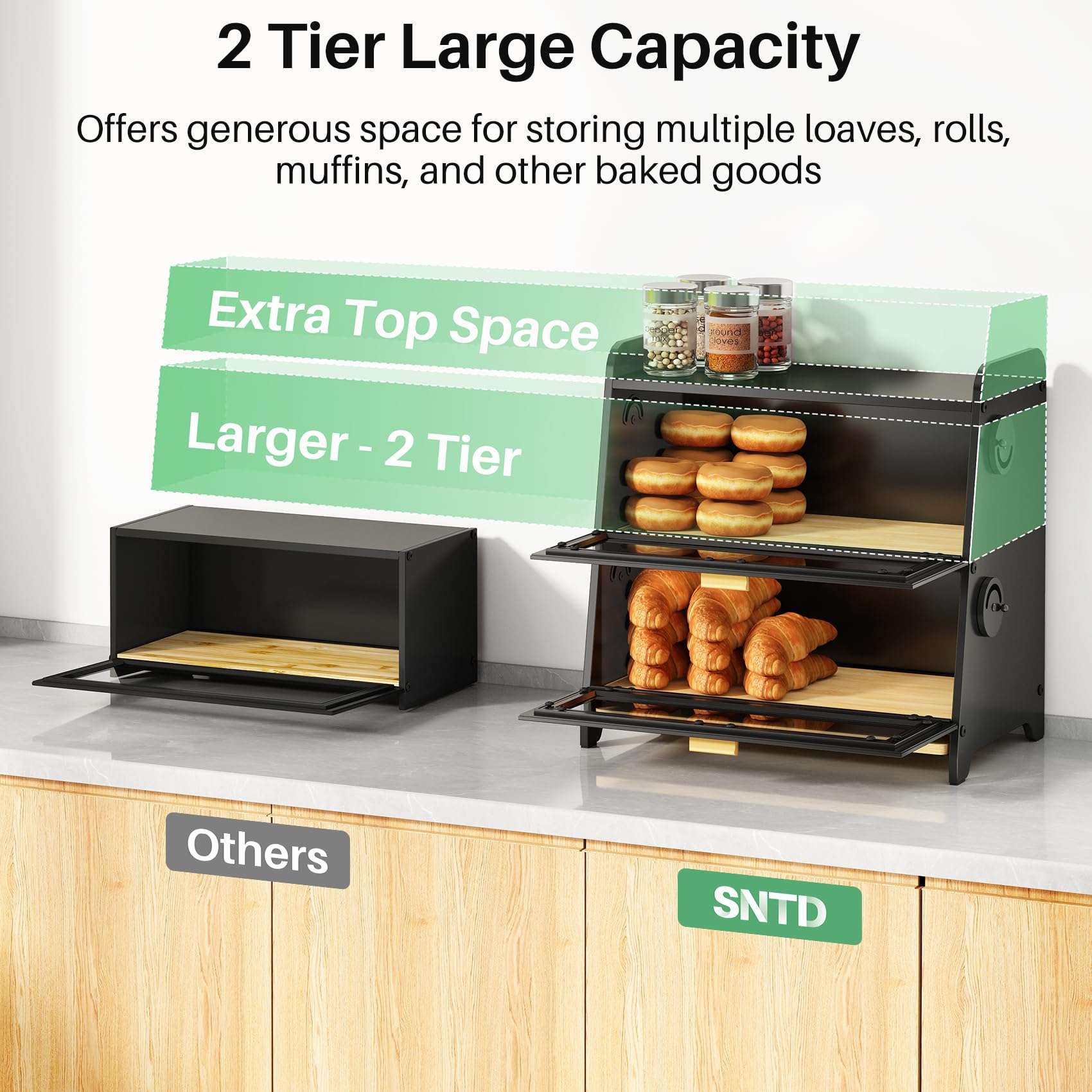 SNTD Bread Box - Kitchen Countertop Bread Storage Container with Bamboo Cutting Board, Adjustable Vent Hole Dials (Black) - Image 7
