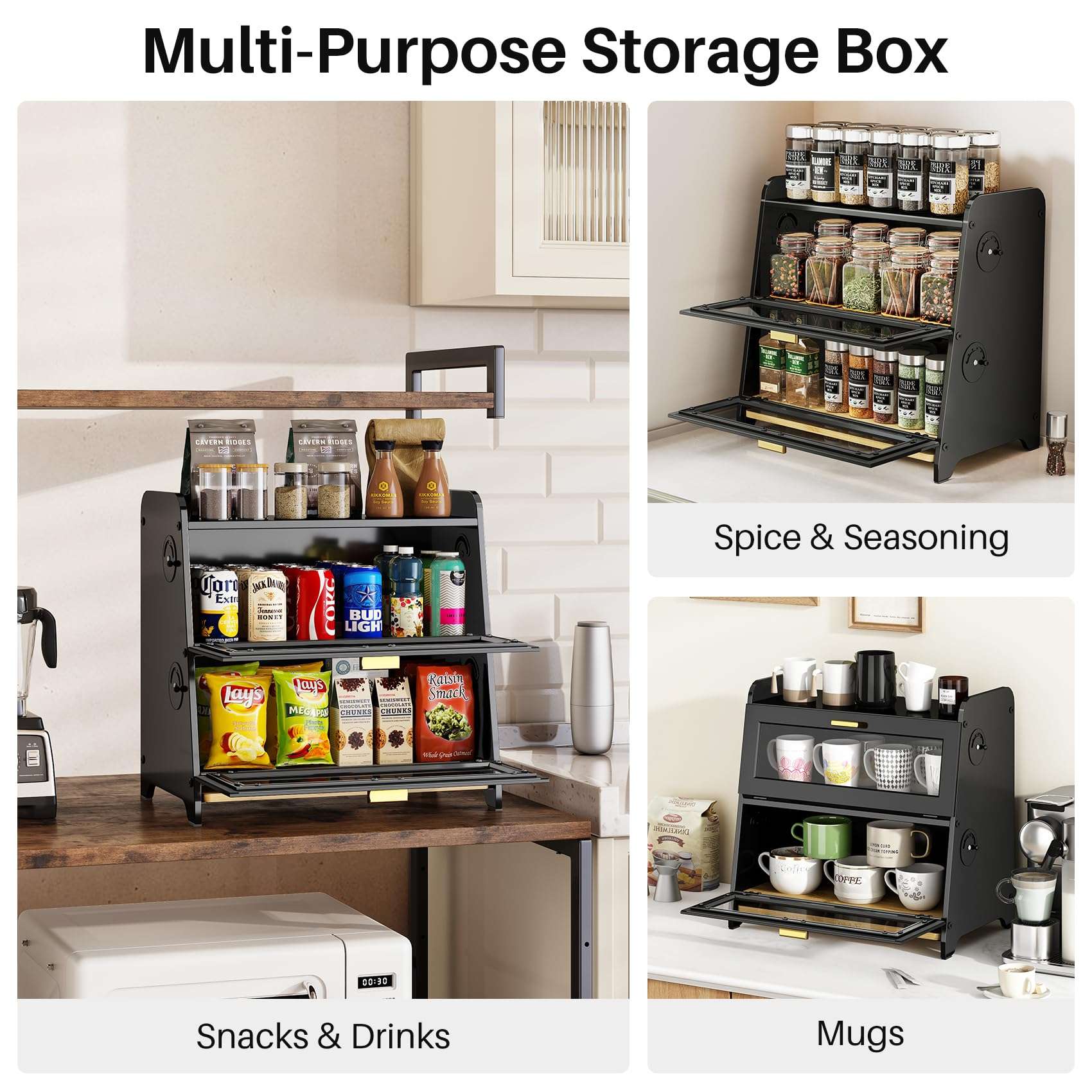 SNTD Bread Box - Kitchen Countertop Bread Storage Container with Bamboo Cutting Board, Adjustable Vent Hole Dials (Black) - Image 8