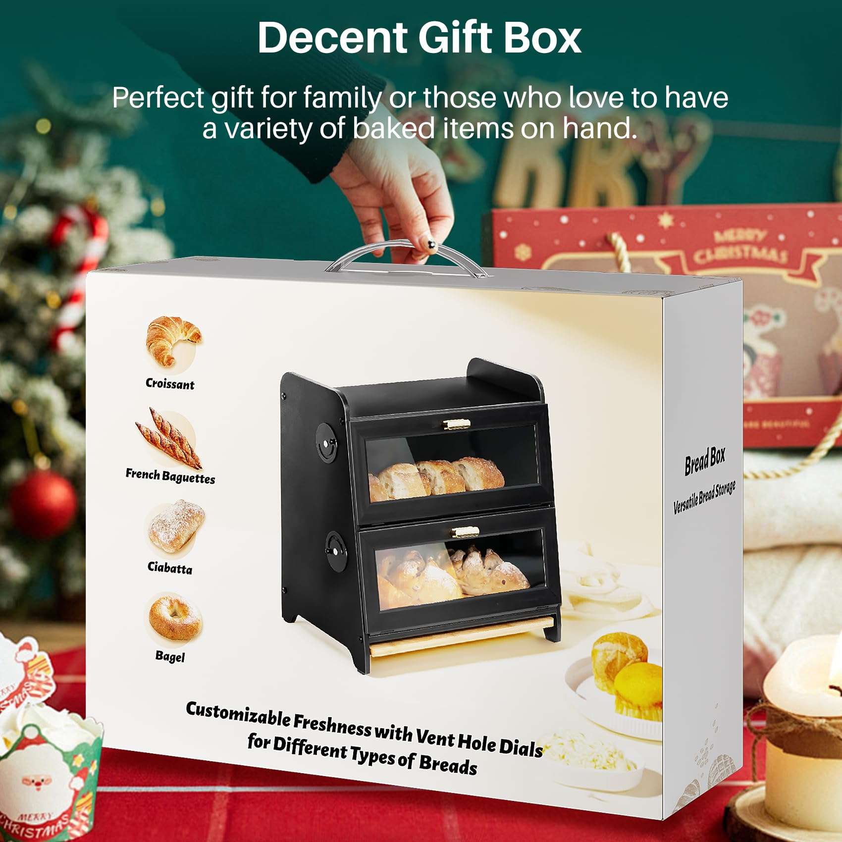 SNTD Bread Box - Kitchen Countertop Bread Storage Container with Bamboo Cutting Board, Adjustable Vent Hole Dials (Black) - Image 9