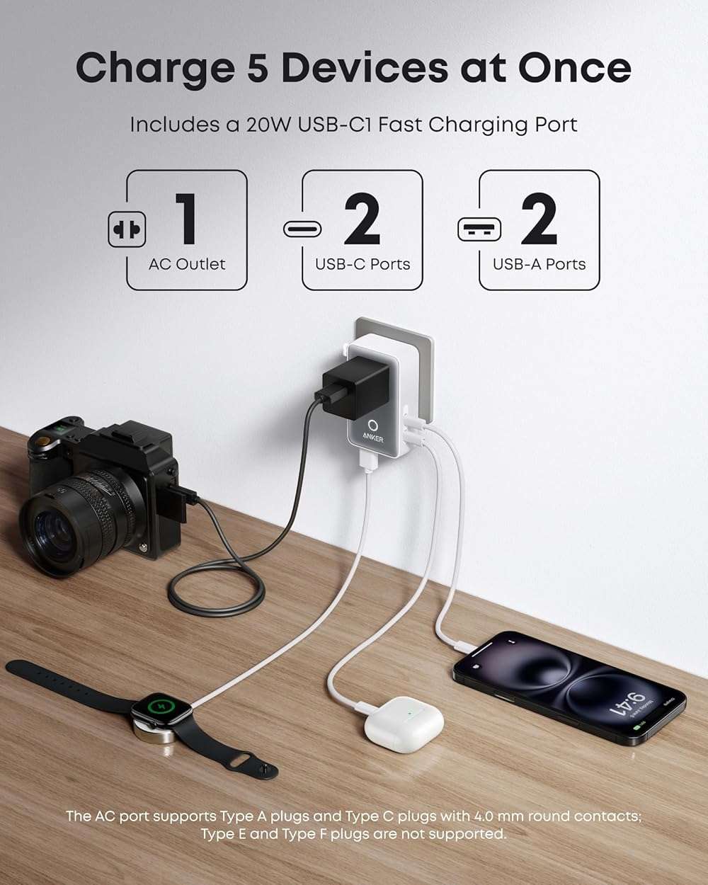Anker Nano Travel Adapter, 5-Port Power Adapter with 1× 2-Pin AC, 2 USB A, 2 USB C for 20W, Smart Temperature Control, Works in 200+ Countries, Not a Voltage Converter, Travel Essentials (1-Pack) - Image 3