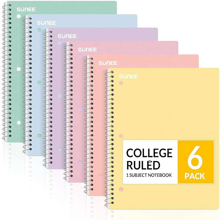SUNEE Spiral Notebooks, 6 Pack, 1-Subject, College Ruled Paper, 8" x 10-1/2", 70 Sheets per Notebook, Assorted Pastel Colors Spiral Notebooks for School - Image 1