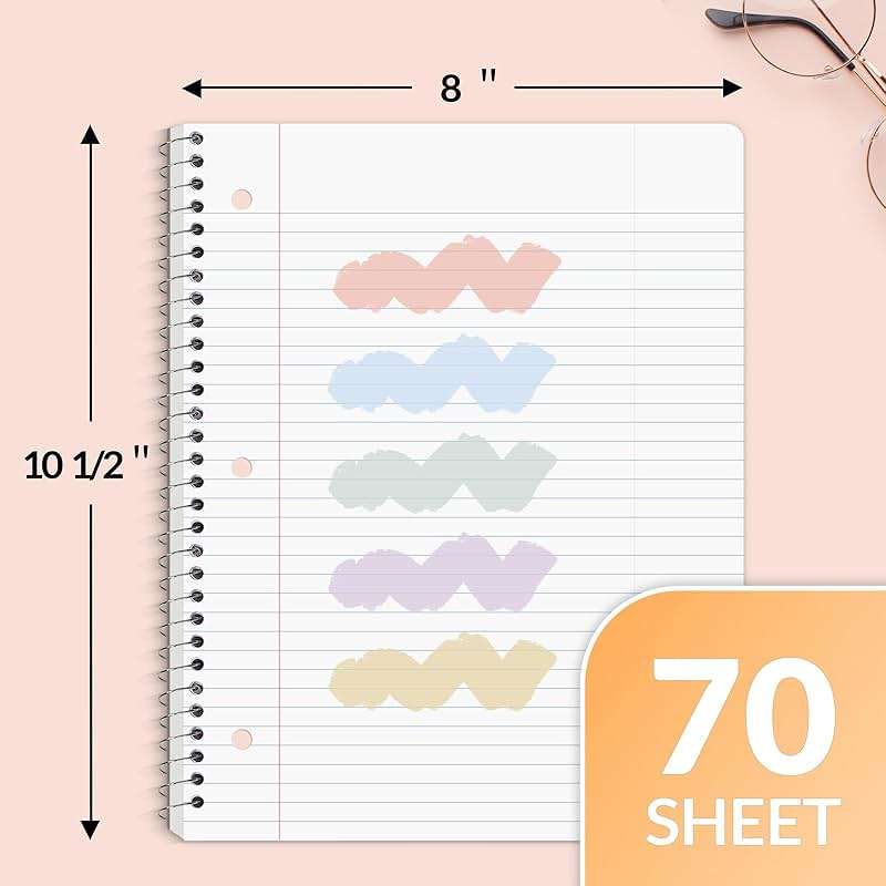 SUNEE Spiral Notebooks, 6 Pack, 1-Subject, College Ruled Paper, 8" x 10-1/2", 70 Sheets per Notebook, Assorted Pastel Colors Spiral Notebooks for School - Image 3