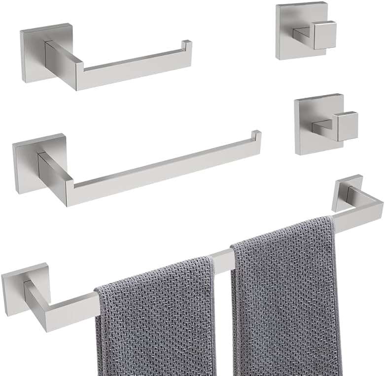 5-Piece Brushed Nickel Bathroom Hardware Set, Wall Mounted Thickened 304 Stainless Steel Towel Holder Set, Featuring 23.6" Towel Bar, Hand Towel Rack, Toilet Paper Holder, and 2 Towel Hooks - Image 1