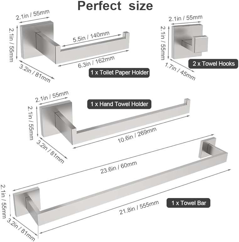 5-Piece Brushed Nickel Bathroom Hardware Set, Wall Mounted Thickened 304 Stainless Steel Towel Holder Set, Featuring 23.6" Towel Bar, Hand Towel Rack, Toilet Paper Holder, and 2 Towel Hooks - Image 3