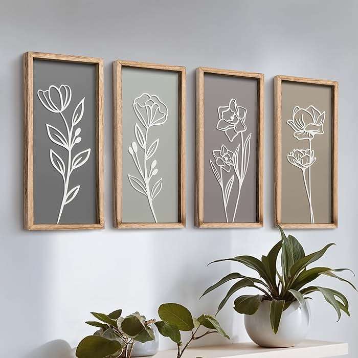 3D Wooden Floral Bathroom Wall Decor (Set of 4) Lightweight, Ready-to-Hang Framed Wall Art For Living Room, Bedroom, or Office - Premium Boho Botanical Farmhouse Decorations - Gift-Boxed - Image 1