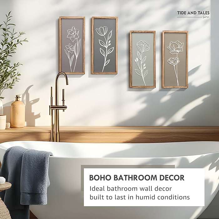 3D Wooden Floral Bathroom Wall Decor (Set of 4) Lightweight, Ready-to-Hang Framed Wall Art For Living Room, Bedroom, or Office - Premium Boho Botanical Farmhouse Decorations - Gift-Boxed - Image 4