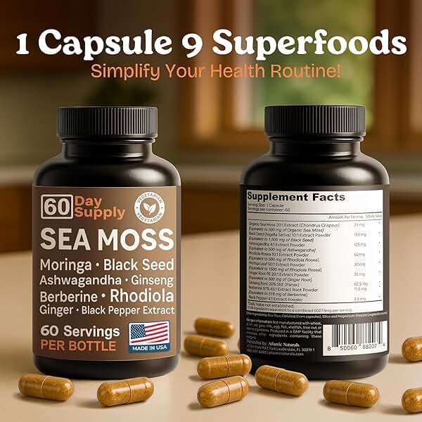 Sea Moss Capsules – Irish Sea Moss with Black Seed Oil, Ashwagandha, Moringa, Ginseng & Ginger for Energy, Vitality & Wellness – Seamoss Nutritional Supplement – Made in USA – 60 Capsules - Image 3