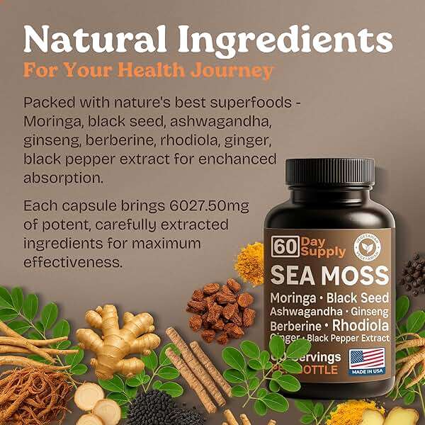 Sea Moss Capsules – Irish Sea Moss with Black Seed Oil, Ashwagandha, Moringa, Ginseng & Ginger for Energy, Vitality & Wellness – Seamoss Nutritional Supplement – Made in USA – 60 Capsules - Image 6