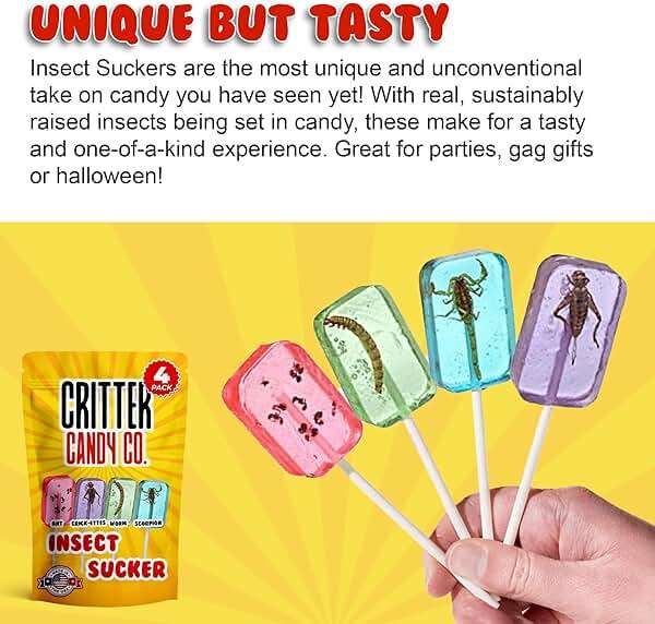 HotLix Insect Lollipops (4-Pack) | Includes Scorpion, Worm, Ants, Cricket | Bug Candy Suckers Individually Wrapped | Bug Lollipops with Real Edible Insects | Weird Candy Pack - Image 4