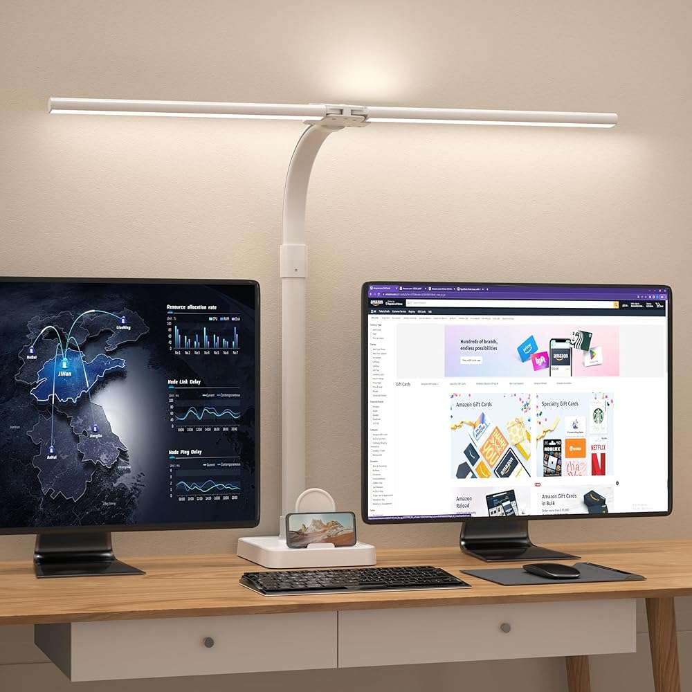 AKRRYR Led Desk Lamp for Home Office,24W Bright Eye-Caring Desk Light with Base,5 Brightness and 5 temperatures Dimmable Workbench Task Light, Adjustable Gooseneck Table Lamp for Monitor(White) - Image 1