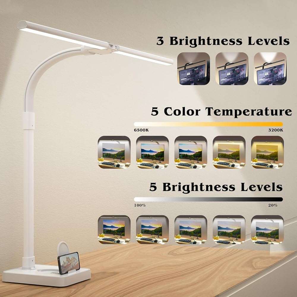 AKRRYR Led Desk Lamp for Home Office,24W Bright Eye-Caring Desk Light with Base,5 Brightness and 5 temperatures Dimmable Workbench Task Light, Adjustable Gooseneck Table Lamp for Monitor(White) - Image 2