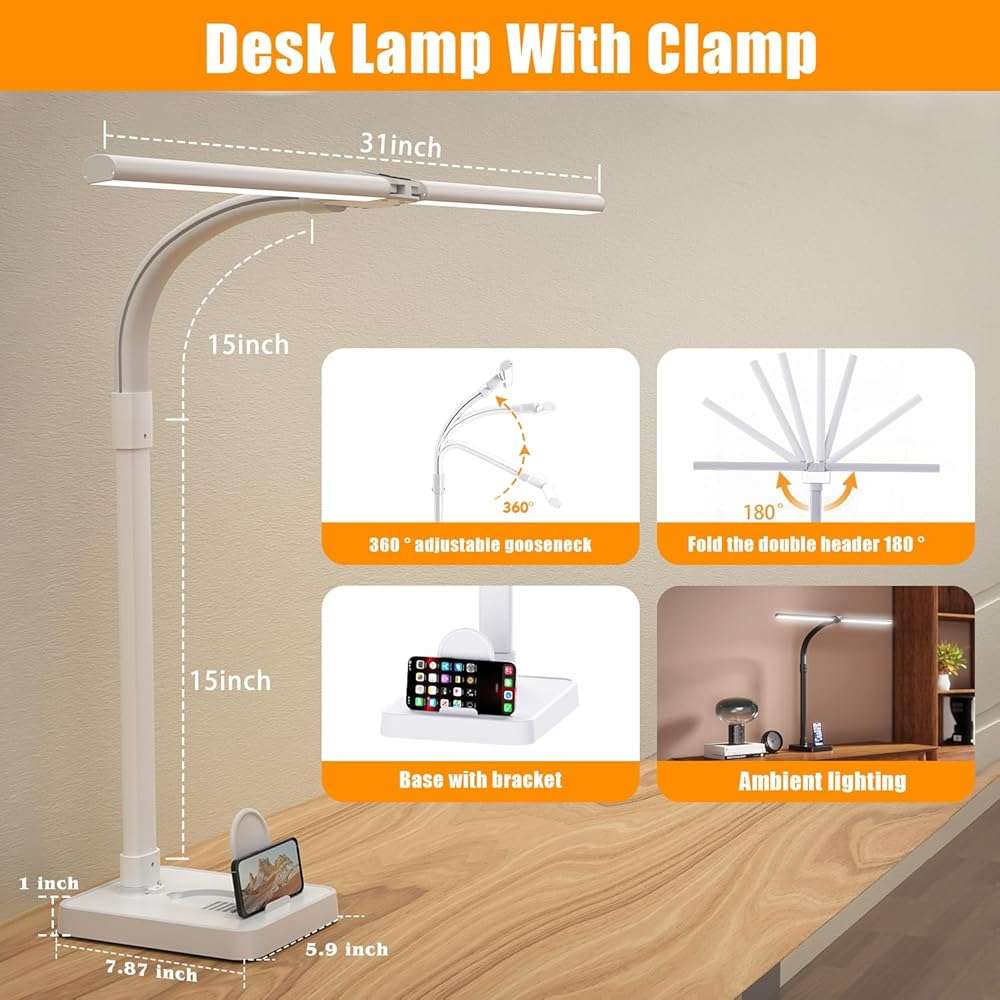 AKRRYR Led Desk Lamp for Home Office,24W Bright Eye-Caring Desk Light with Base,5 Brightness and 5 temperatures Dimmable Workbench Task Light, Adjustable Gooseneck Table Lamp for Monitor(White) - Image 3