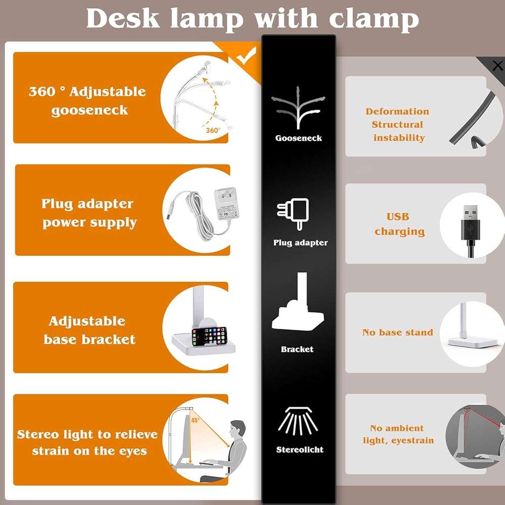 AKRRYR Led Desk Lamp for Home Office,24W Bright Eye-Caring Desk Light with Base,5 Brightness and 5 temperatures Dimmable Workbench Task Light, Adjustable Gooseneck Table Lamp for Monitor(White) - Image 5