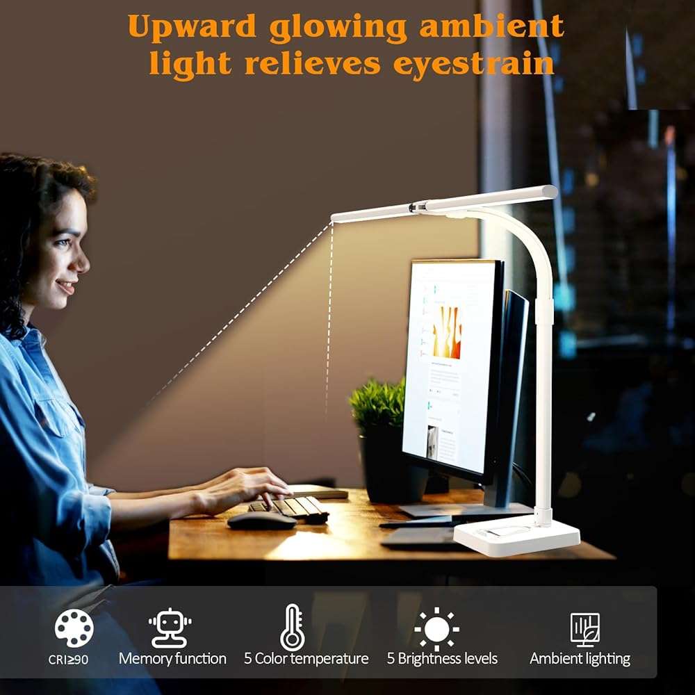 AKRRYR Led Desk Lamp for Home Office,24W Bright Eye-Caring Desk Light with Base,5 Brightness and 5 temperatures Dimmable Workbench Task Light, Adjustable Gooseneck Table Lamp for Monitor(White) - Image 7