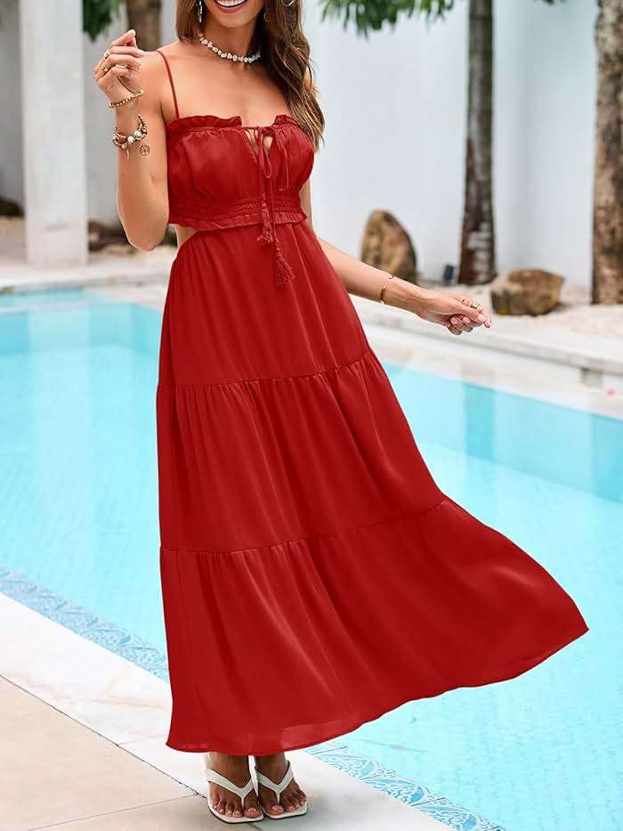Fisoew Women's Spaghetti Strap Maxi Dress Summer Sleeveless Side Cut Out Dress Casual Boho Backless Flowy Long Dresses - Image 5