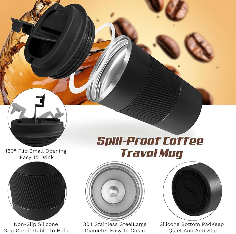 SPLMIFA Vacuum-Insulated Stainless Steel Travel Coffee Mug, Leak-Proof Reusable Coffee Cup with Lid - Keep Hot & Cold Drinks for Hours, Durable Insulated Tumbler for Men & Women(3rd-Black, 12OZ) - Image 4