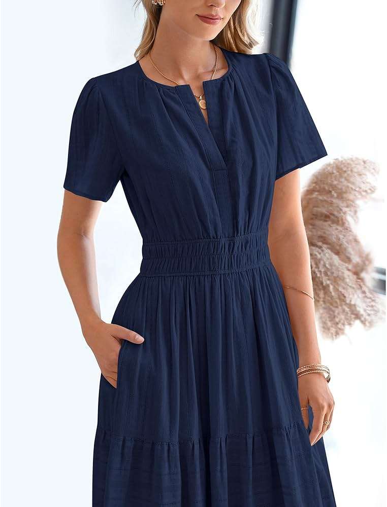 BTFBM Womens Summer 2026 Casual Midi Maxi Dresses Lightweight Short Sleeve V Neck Elastic Waist Boho Beach Dress Pockets - Image 6