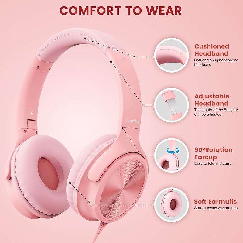 Cowyawn USB C Headphones Wired, Over Ear USB C Wired Headphones with Microphone, Volume Control, HD Stereo Sound, Foldable USB Type C Headphone for Adult/Teens/Laptop/Computer/iPhone 15/16/17, Pink - Image 3