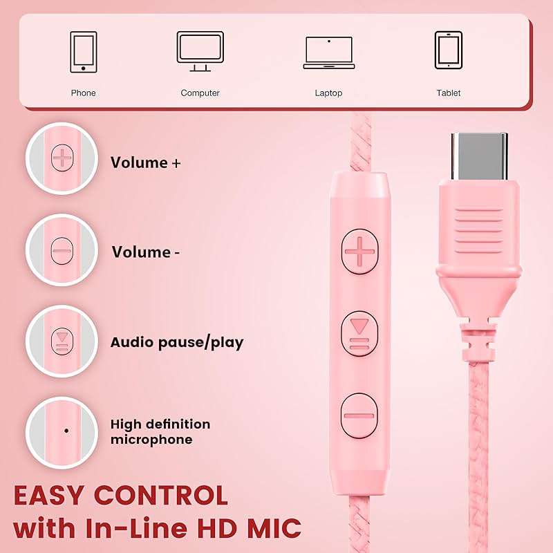 Cowyawn USB C Headphones Wired, Over Ear USB C Wired Headphones with Microphone, Volume Control, HD Stereo Sound, Foldable USB Type C Headphone for Adult/Teens/Laptop/Computer/iPhone 15/16/17, Pink - Image 5