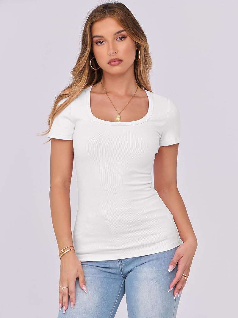 ANRABESS Women Short Sleeve Tops Scoop Neck Ribbed Knit Slim Fitted Basic Tee Shirt Casual Summer Clothes 2026 Spring Outfits - Image 3