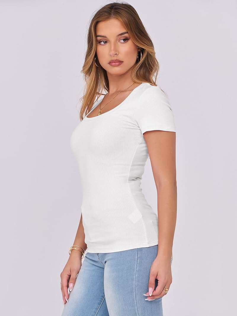 ANRABESS Women Short Sleeve Tops Scoop Neck Ribbed Knit Slim Fitted Basic Tee Shirt Casual Summer Clothes 2026 Spring Outfits - Image 5