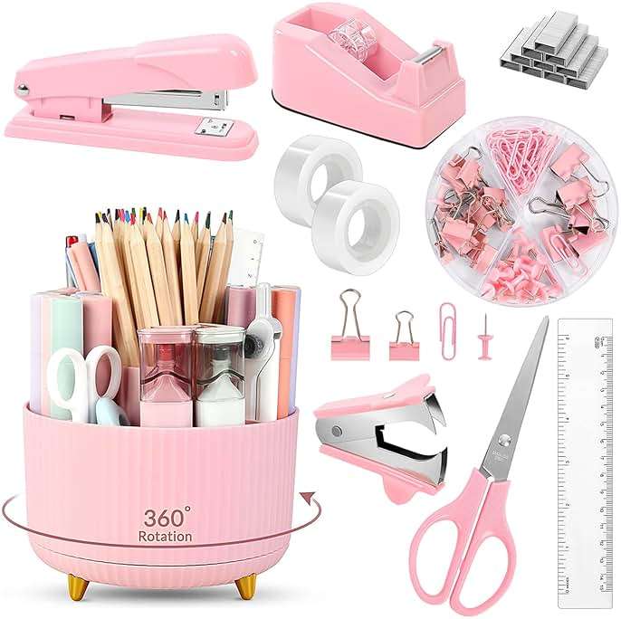 SKYDUE Pink Desk Accessories 10Pcs, Rotating Pen Holder for Desk, Stapler, Staple Remover, Tape Dispenser,2pcs Tape Refills, Binder Paper Clips Kit, Scissor,Pink Office School Supplies - Image 1