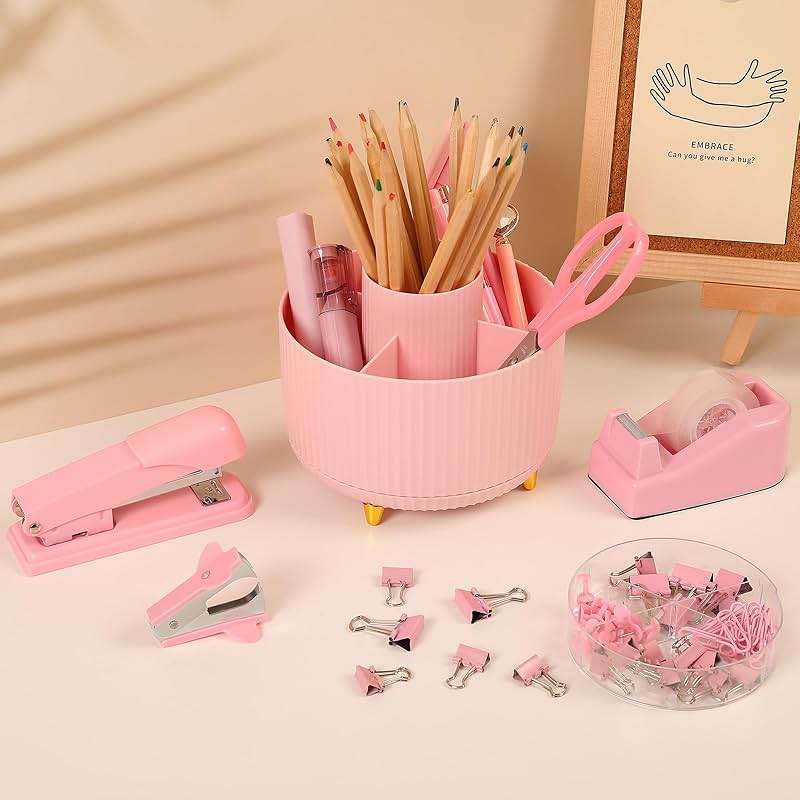 SKYDUE Pink Desk Accessories 10Pcs, Rotating Pen Holder for Desk, Stapler, Staple Remover, Tape Dispenser,2pcs Tape Refills, Binder Paper Clips Kit, Scissor,Pink Office School Supplies - Image 2