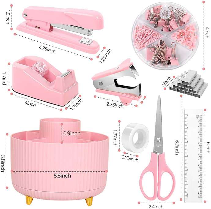 SKYDUE Pink Desk Accessories 10Pcs, Rotating Pen Holder for Desk, Stapler, Staple Remover, Tape Dispenser,2pcs Tape Refills, Binder Paper Clips Kit, Scissor,Pink Office School Supplies - Image 3