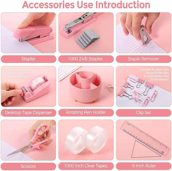 SKYDUE Pink Desk Accessories 10Pcs, Rotating Pen Holder for Desk, Stapler, Staple Remover, Tape Dispenser,2pcs Tape Refills, Binder Paper Clips Kit, Scissor,Pink Office School Supplies - Image 4