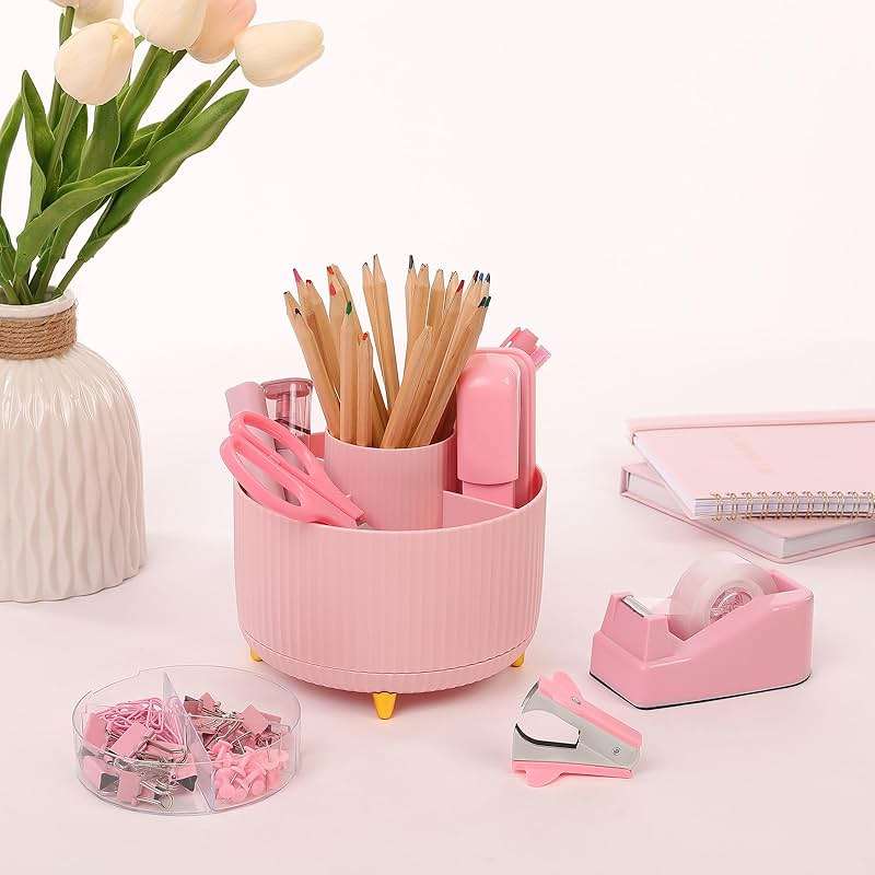 SKYDUE Pink Desk Accessories 10Pcs, Rotating Pen Holder for Desk, Stapler, Staple Remover, Tape Dispenser,2pcs Tape Refills, Binder Paper Clips Kit, Scissor,Pink Office School Supplies - Image 7