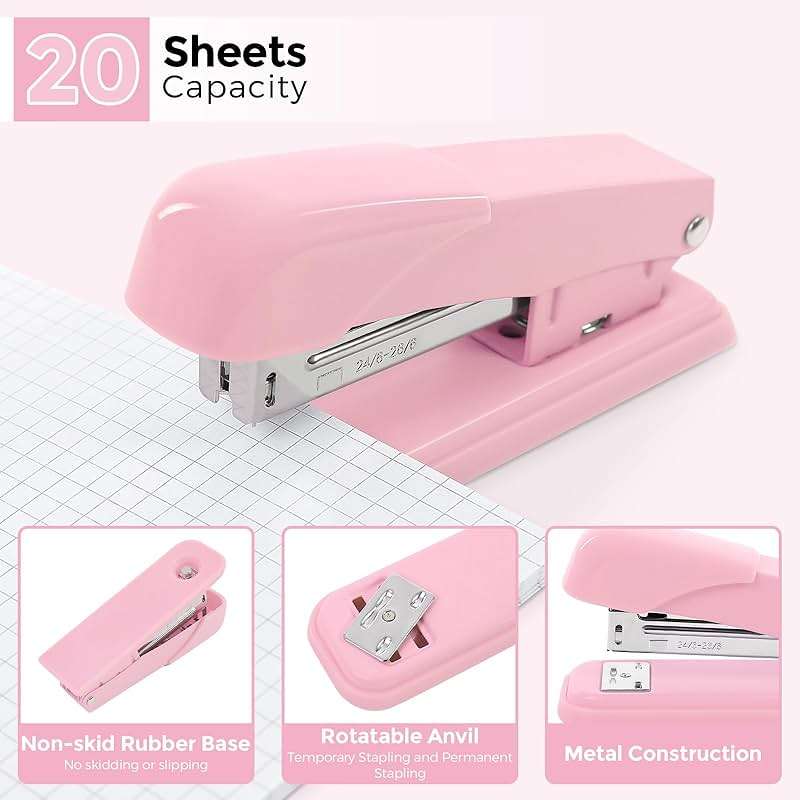 SKYDUE Pink Desk Accessories 10Pcs, Rotating Pen Holder for Desk, Stapler, Staple Remover, Tape Dispenser,2pcs Tape Refills, Binder Paper Clips Kit, Scissor,Pink Office School Supplies - Image 9
