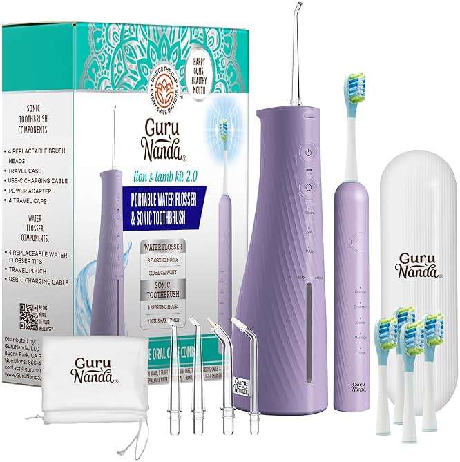 GuruNanda Lion & Lamb Kit 2.0, Electric Toothbrush with Water Flosser Combo, 4 Jet Tips, 4 Brush Heads, & IPX7 Waterproof Design for Complete Oral Care, Lavender - Image 1