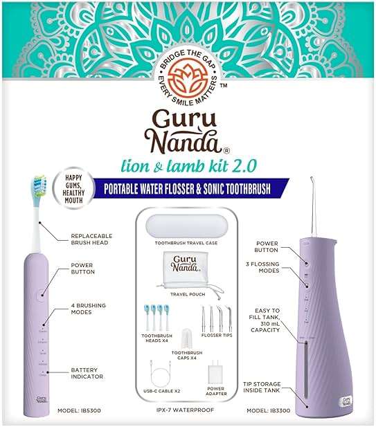 GuruNanda Lion & Lamb Kit 2.0, Electric Toothbrush with Water Flosser Combo, 4 Jet Tips, 4 Brush Heads, & IPX7 Waterproof Design for Complete Oral Care, Lavender - Image 9