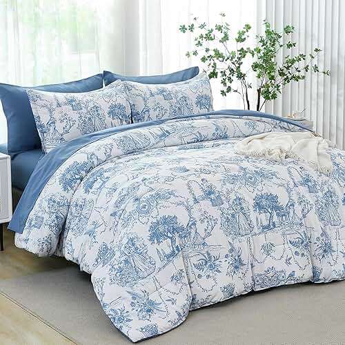 Blue Comforter Set Queen 7 Piece Bed in a Bag Toile de Jouy Botanical Comforter with Sheet Set Soft Micorfiber Bedding Set (1 Comforter,2 Pillow Shams,1 Flat Sheet,1 Fitted Sheet,2 Pillowcases) - Image 1