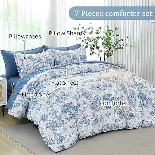 Blue Comforter Set Queen 7 Piece Bed in a Bag Toile de Jouy Botanical Comforter with Sheet Set Soft Micorfiber Bedding Set (1 Comforter,2 Pillow Shams,1 Flat Sheet,1 Fitted Sheet,2 Pillowcases) - Image 2
