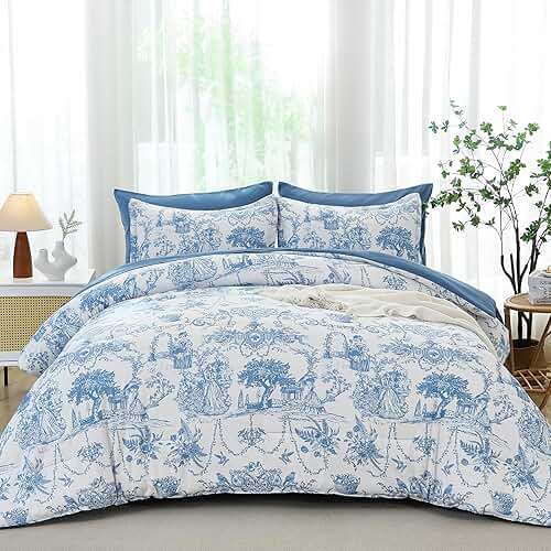 Blue Comforter Set Queen 7 Piece Bed in a Bag Toile de Jouy Botanical Comforter with Sheet Set Soft Micorfiber Bedding Set (1 Comforter,2 Pillow Shams,1 Flat Sheet,1 Fitted Sheet,2 Pillowcases) - Image 3