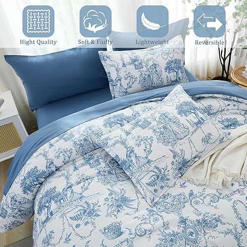Blue Comforter Set Queen 7 Piece Bed in a Bag Toile de Jouy Botanical Comforter with Sheet Set Soft Micorfiber Bedding Set (1 Comforter,2 Pillow Shams,1 Flat Sheet,1 Fitted Sheet,2 Pillowcases) - Image 4