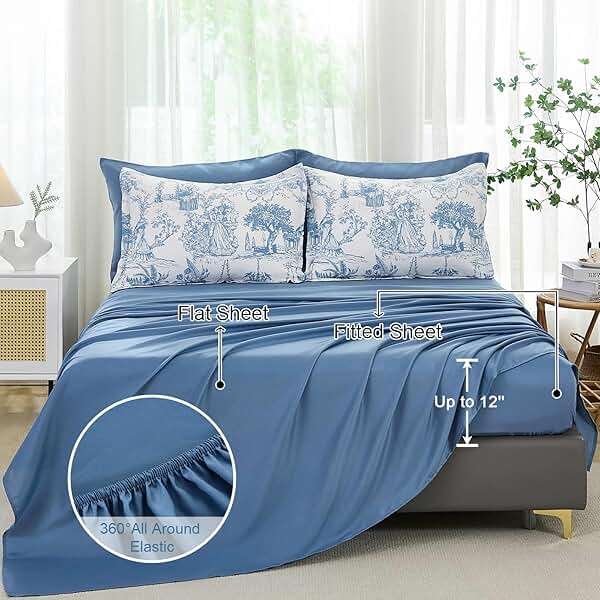 Blue Comforter Set Queen 7 Piece Bed in a Bag Toile de Jouy Botanical Comforter with Sheet Set Soft Micorfiber Bedding Set (1 Comforter,2 Pillow Shams,1 Flat Sheet,1 Fitted Sheet,2 Pillowcases) - Image 5