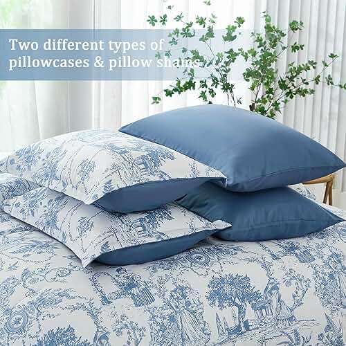 Blue Comforter Set Queen 7 Piece Bed in a Bag Toile de Jouy Botanical Comforter with Sheet Set Soft Micorfiber Bedding Set (1 Comforter,2 Pillow Shams,1 Flat Sheet,1 Fitted Sheet,2 Pillowcases) - Image 6