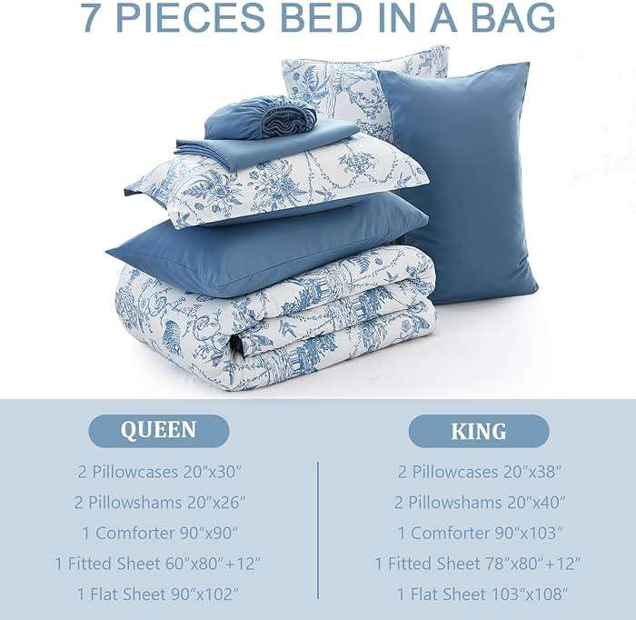 Blue Comforter Set Queen 7 Piece Bed in a Bag Toile de Jouy Botanical Comforter with Sheet Set Soft Micorfiber Bedding Set (1 Comforter,2 Pillow Shams,1 Flat Sheet,1 Fitted Sheet,2 Pillowcases) - Image 7