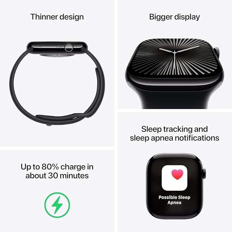 Apple Watch Series 10 [GPS, 46mm] - Jet Black Aluminum Case with Black Sport Band, M/L (Renewed) - Image 3