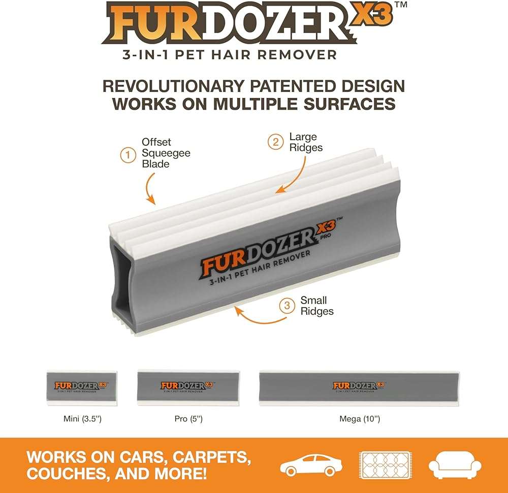 FurDozer Pet Hair Remover & Auto Detailing Tools - Cat & Dog Hair Remover for Carpets, Car Interiors, Couches, Bedding, & Pet Furniture (Gray, X3 PRO - 5" Long) - Image 2