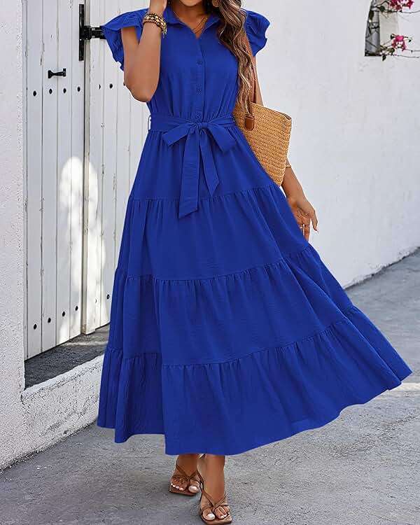 dowerme Women's Summer Casual Dresses 2026 Cap Ruffle Sleeve V Neck Button Belted Tiered Boho Maxi Dress with Pockets - Image 4