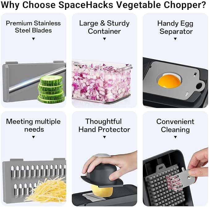SpaceHacks 12-in-1 Vegetable Chopper, Kitchen Gadgets with 7 Blades, Veggie, Food, Onion Chopper, Cucumber Slicer, Versatile Mandoline, Includes Egg Separator & Finger Guard, Gray - Image 3