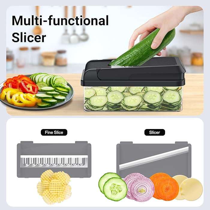 SpaceHacks 12-in-1 Vegetable Chopper, Kitchen Gadgets with 7 Blades, Veggie, Food, Onion Chopper, Cucumber Slicer, Versatile Mandoline, Includes Egg Separator & Finger Guard, Gray - Image 6