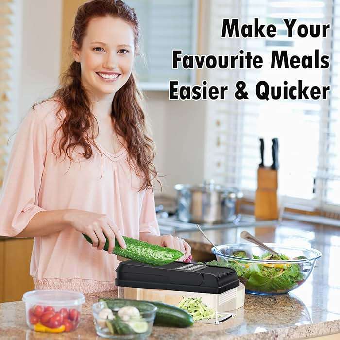 SpaceHacks 12-in-1 Vegetable Chopper, Kitchen Gadgets with 7 Blades, Veggie, Food, Onion Chopper, Cucumber Slicer, Versatile Mandoline, Includes Egg Separator & Finger Guard, Gray - Image 7