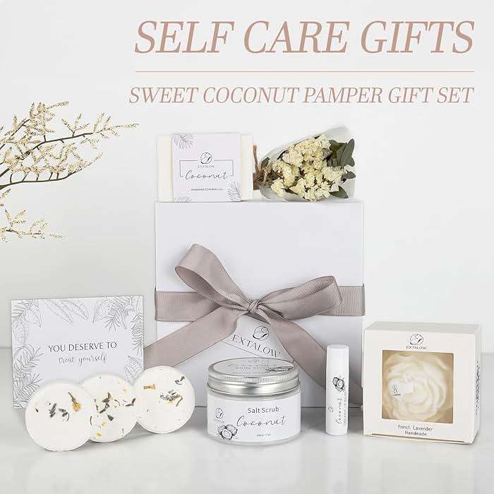 EXTALOW Spa Gifts for Women Bath and Body Gift Baskets Bridal Shower Gifts Coconut Lavender Home Spa Set Self Care Gift for Mom Sister Her Wife Birthday Gifts Spa Kit Care Package Thank You Gift - Image 8