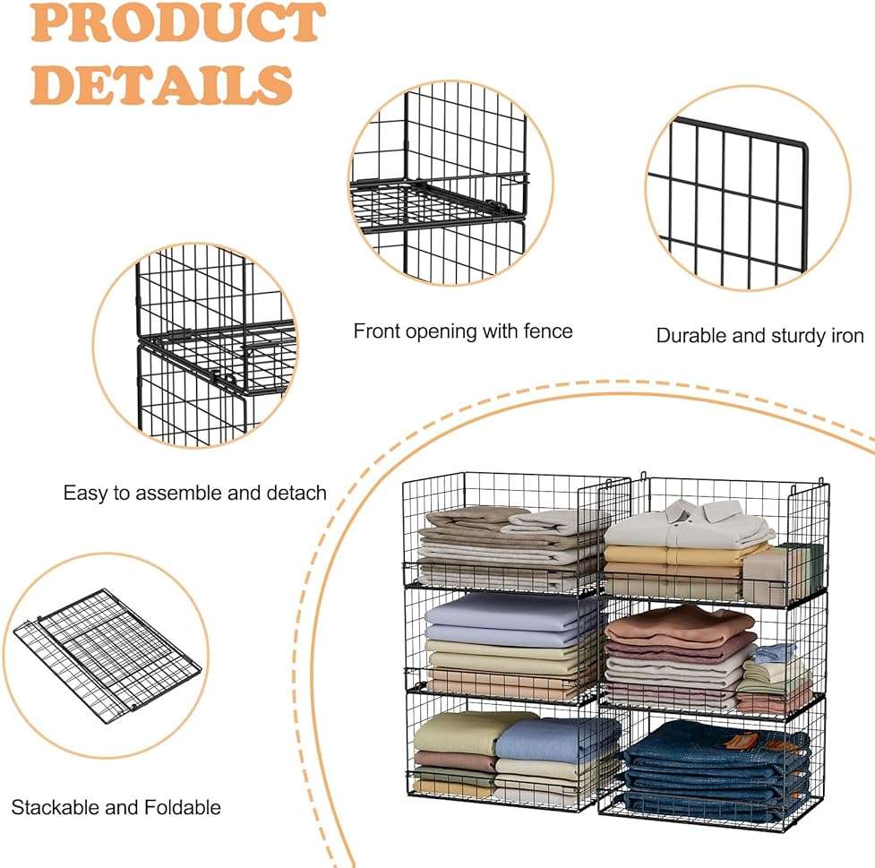 Yociyoga 6-Tier Stackable Closet Organizers and Storage Shelves, Closet Shelf Organizer Basket Bins, Foldable Sweater Storage for Clothes Organizer System, Black(Patent No. 30022416) - Image 5